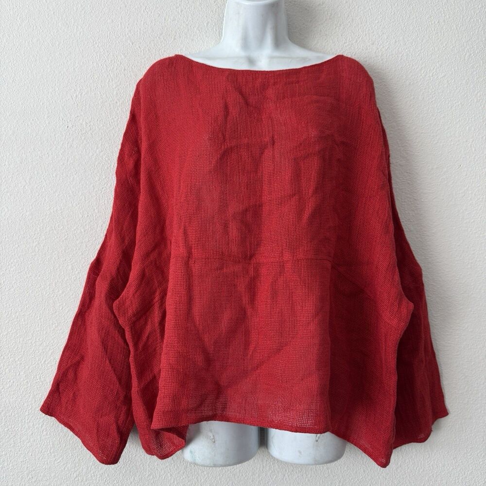 VTG Ellen Tracy Open-Weave Linen Top M Red Boxy Lagenlook Open Knit Oversized